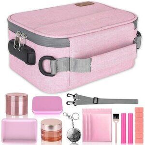 Pink lockable storage case with smell proof bag organizer set travel safe box